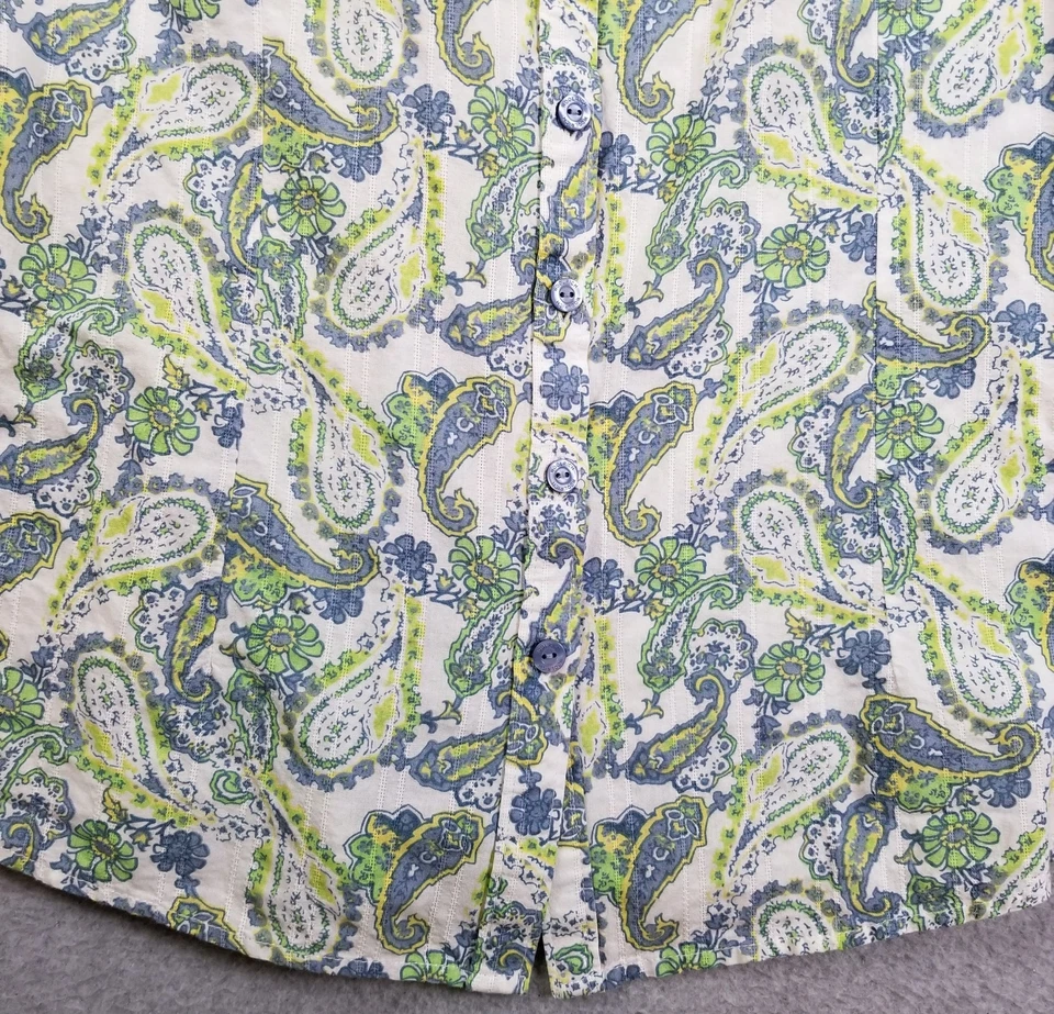 Camisa con botones Woolrich para mujer mediana azul verde floral cachemira manga 3/4 algodón Foto 3 de 4