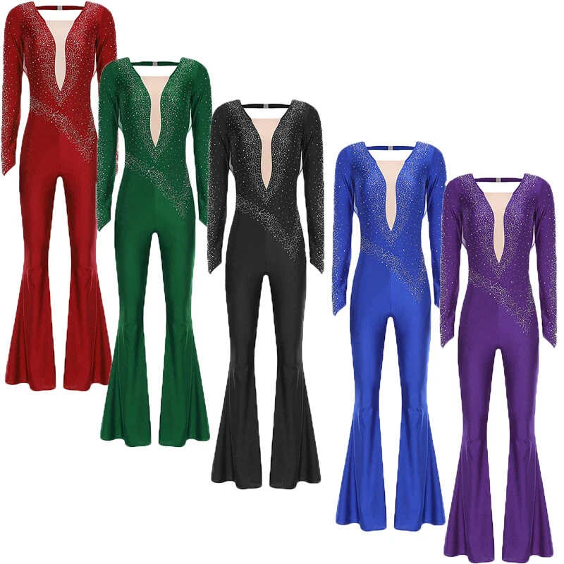 Damen Tanzkleidung Kostüm Pullover Cha-cha Rompers Langarm Tanz Schnitt Strass - Bild 2 von 4