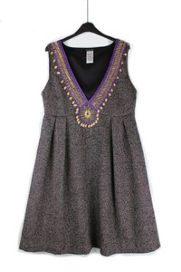 PATRIZIA-PEPE-UK-10-12-Grey-Tweed-Pinafore-Shift-Dress-Empire-Line-Gold-Purple
