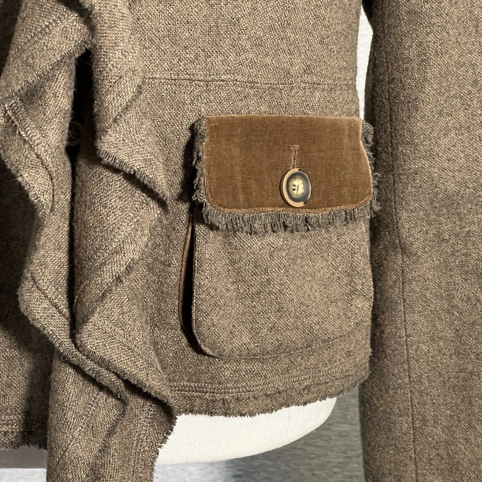 Blazer Cabi Mujer 8 Marrón Tweed Mezcla Lana Chaqueta Academia Y2K Volantes A Medida Foto 3 de 4