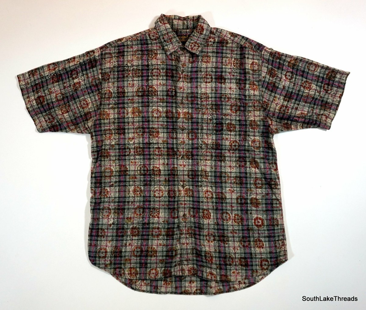 希少 80s Eddie Bauer Paisley Cotton Knit Vintage 80s Eddie Bauer S/S Button Front Shirt Plaid Paisley Print
