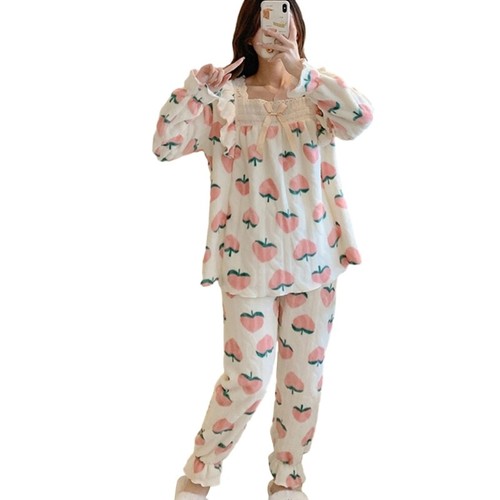 Women Winter Pajamas 2Pcs Square neck Top and Pants Set Floral Flannel Sleepwear - Picture 25 of 28