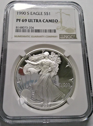 1990 S AMERICAN SILVER EAGLE PROOF DOLLAR 1 OZ NGC PF69 UCAM