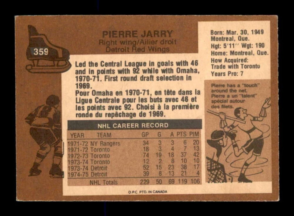 1975 O-Pee-Chee NHL #359 Pierre Jarry   EX/EX+ X3540875 - Image 2 of 3