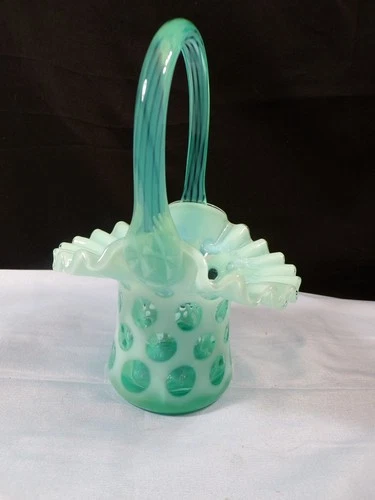 Fenton Persian Blue Turquoise Opalescent Glass Coin Dot Basket 6 3/4" Tall
