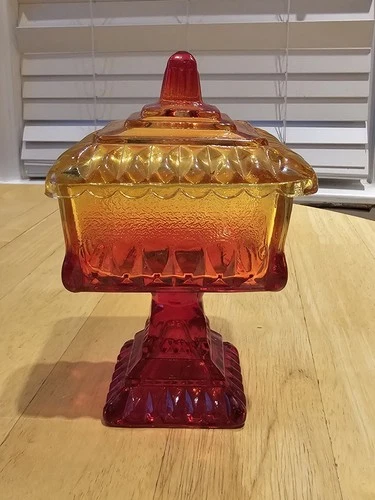 Vtg. Jeanette Red Orange/Amberina Pedestal Wedding Cake Box/Glass Candy Dish