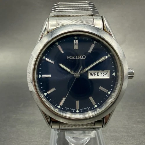 Seiko Watch Men 37mm Blue Dial Stainless Steel Daydate Round 7N43-9070 NewBat J