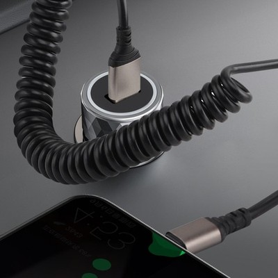 Coiled USB A C Charging Cord For Quick Power In Vehicle Electronics Connection