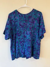 Vintage 80s Ellen Tracy Women Size 12 Top 100% Silk Button Up Back Artsy Boho