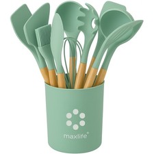 12 PCS Silicone Kitchenware Utensil Set with Wooden Handle  Holder Green