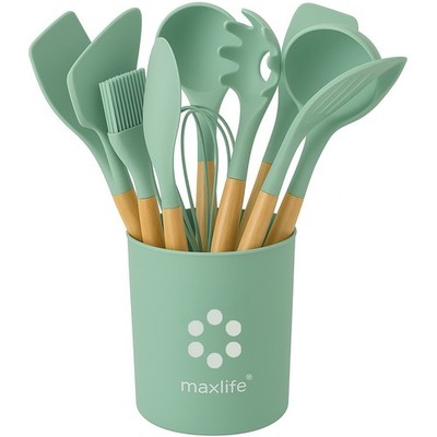 12 PCS Silicone Kitchenware Utensil Set with Wooden Handle & Holder Green