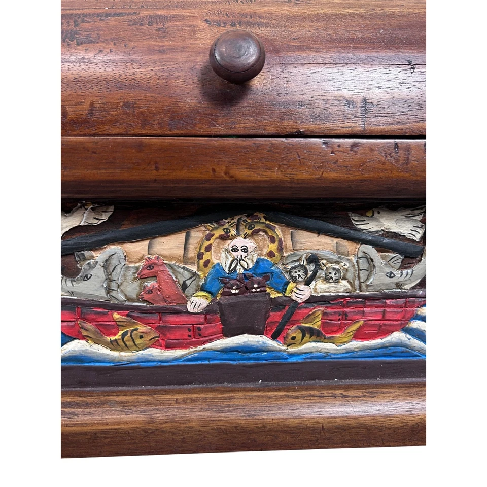 Vintage Hand Carved Wooden Trunk Noahs Ark Chest Box Folk Art Animals Storage - Image 2 of 4