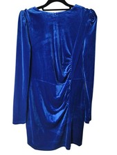 Blue Velvet Dress Size 14 Long Sleeve Party Puff Shoulder Ruched Side Occasion