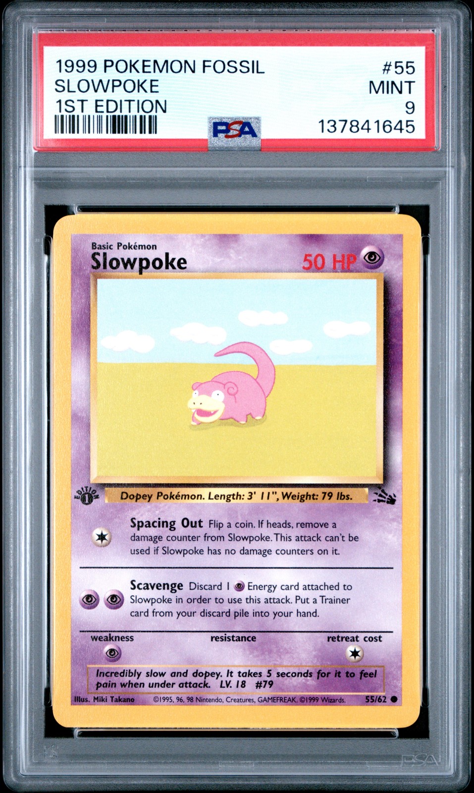 1999 POKEMON FOSSIL 1ST ED #55 SLOWPOKE PSA 9