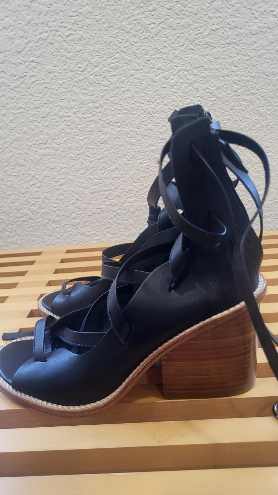 Tibi New York Black Leather Lace-Up Sandals | Size 38.5 (US 8) | Wooden Heel