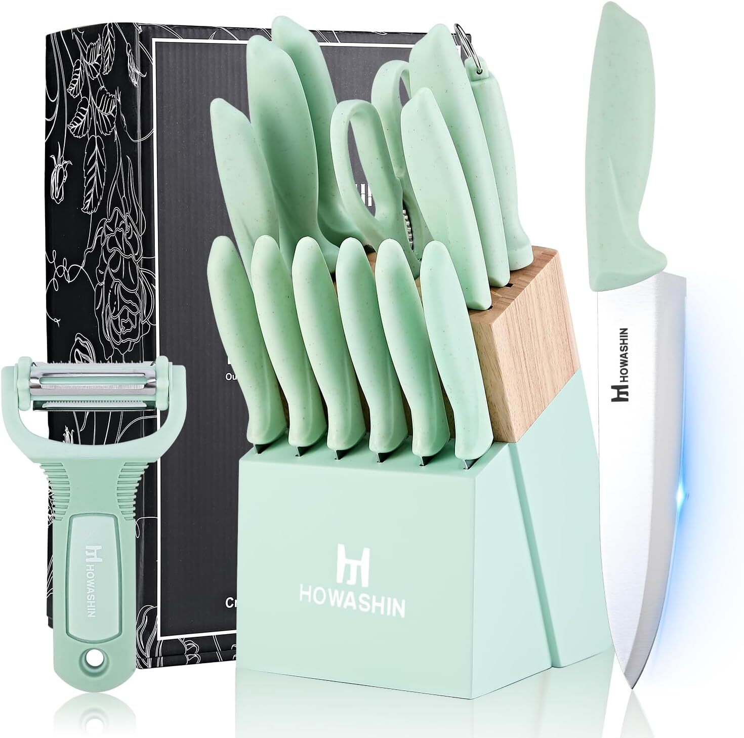 High Carbon German Stainless Steel 15Pc Knife Block Set with Storage