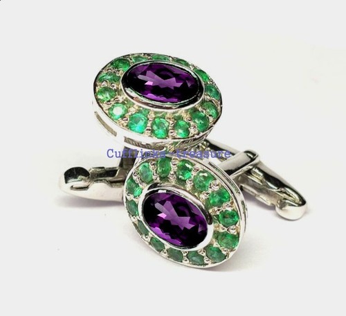 Natural Amethyst & Emerald Gemstones 925 Sterling Silver Cufflinks For Men #893 - Picture 2 of 3