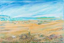 Mary Chugg (britisch 1935-2024) Mann geht mit seinem Hund am Strand spazieren - Öl auf Leinwand