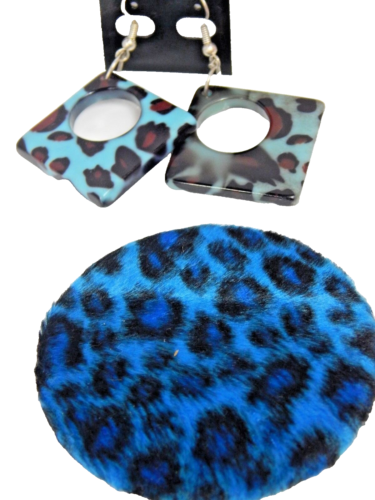 Nos Y2K Blue Leopard Cheetah Chunky Pierced Earrings Faux Fur Mirror Vanity Set - Zdjęcie 1 z 12