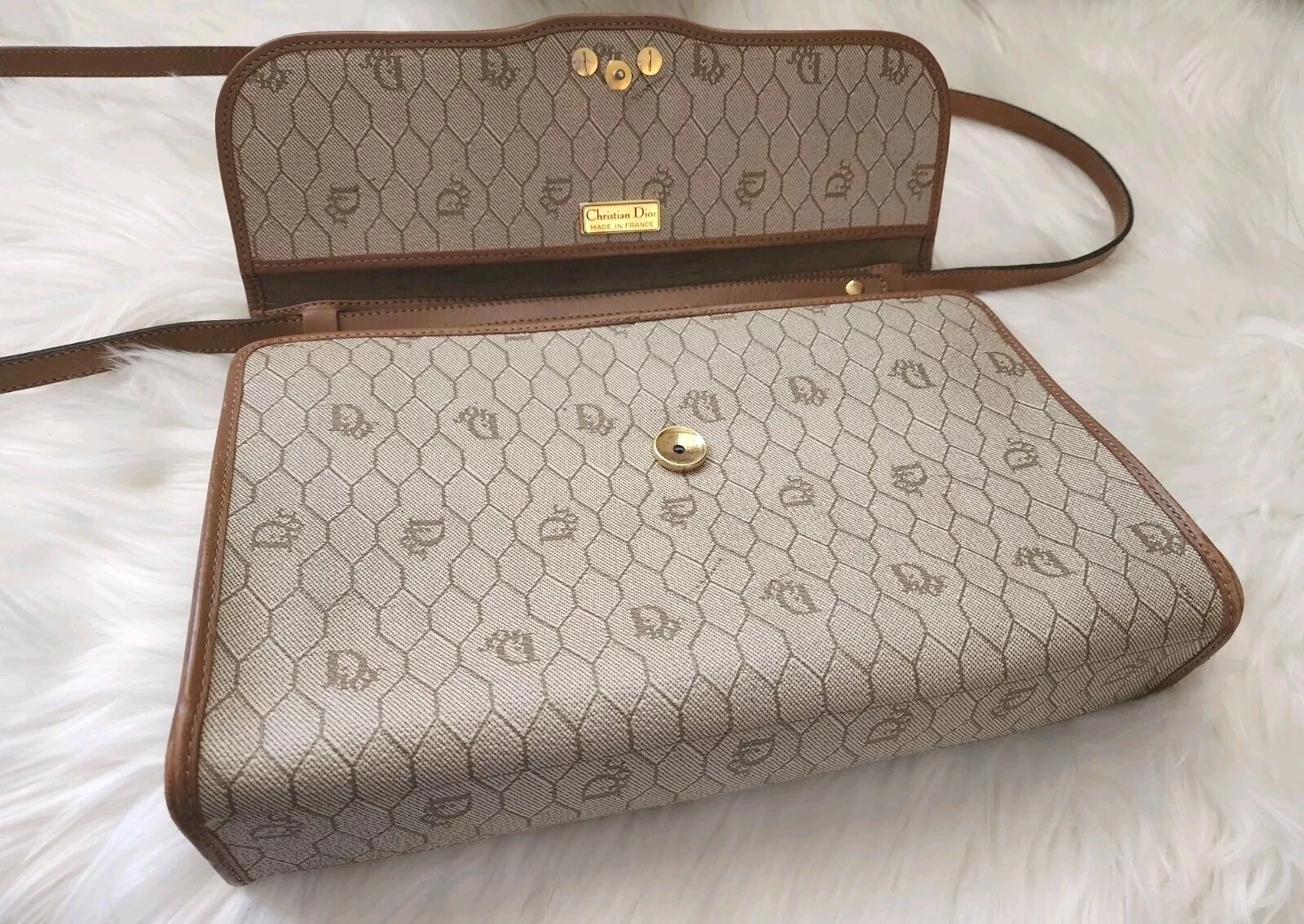 *Auth Dior sac à bandoulière vintage pochette PVC cuir taupe/marron GUC