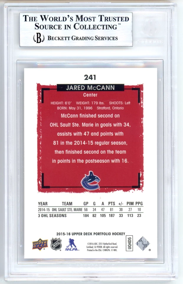 POP 1: Jared McCann RC BGS 9: 2015-16 Upper Deck Portfolio Rookie Gisto - Image 2 of 3