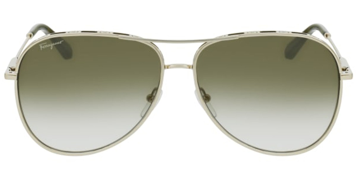 サングラス Ferragamo Sunglasses SF268S 709 l Oversized Aviator Salvatore Ferragamo Women's Gold-Tone/Green Aviator