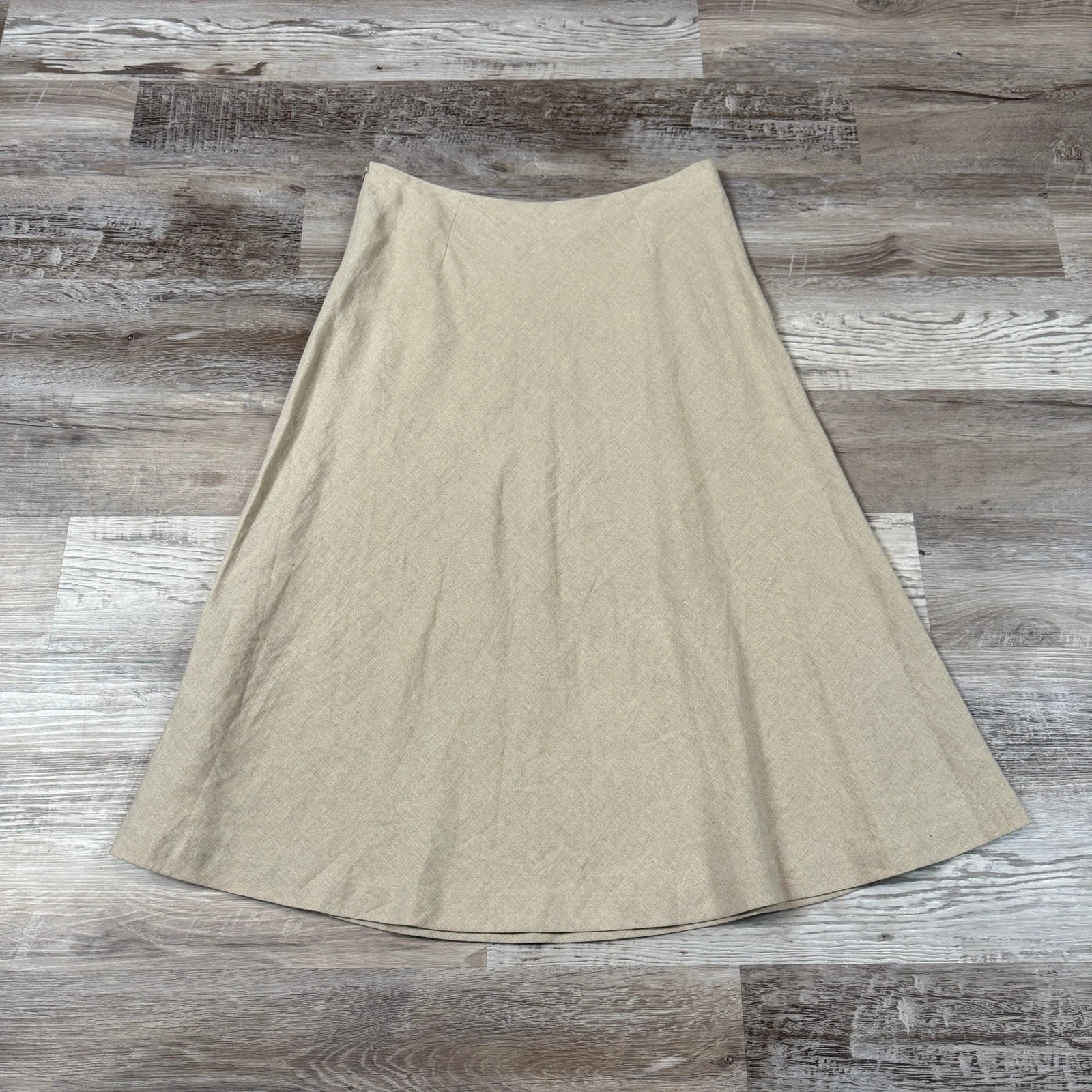 Vintage 90s Linen Beige A-Line Midi Skirt Minimalist Quiet Luxury Capsule XL 14