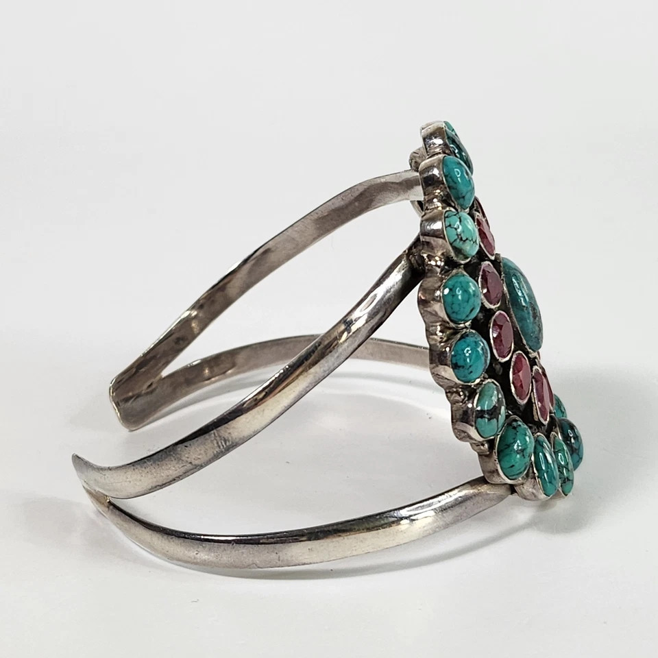 Vintage Sterling Silver Cluster SunBurst Turquoise & Ruby Cuff Bracelet - Image 3 of 4
