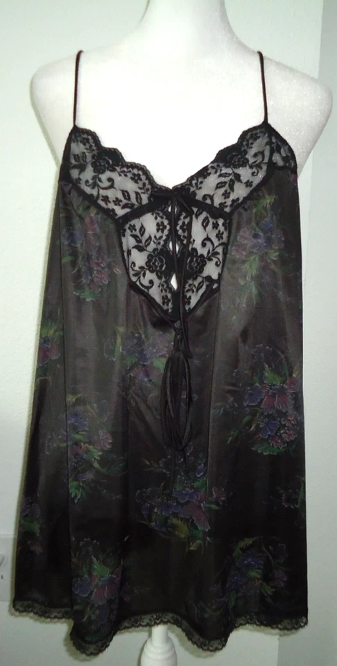 De Colección Años 70 Vassarette Camisón Vestido Sin Mangas Negro Floral Talla-S Foto 3 de 4