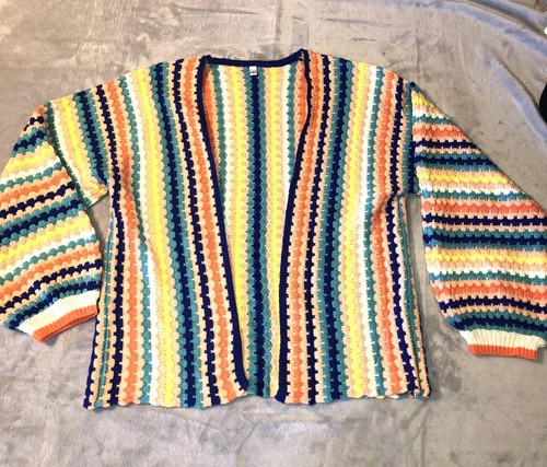 Striped Cardigan Sweater Womens Large Rainbow Knit Boho Hippie Balloon Sleeve - Picture 2 of 8