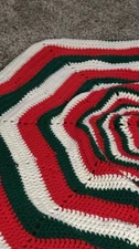 Vtg Handmade Christmas Tree Skirt-Crochet-Red Green White approx. 36” across 