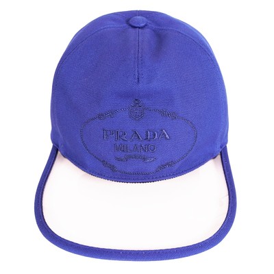 sz L NEW $695 PRADA Blue Cotton Embroidered LOGO Clear PVC Bill