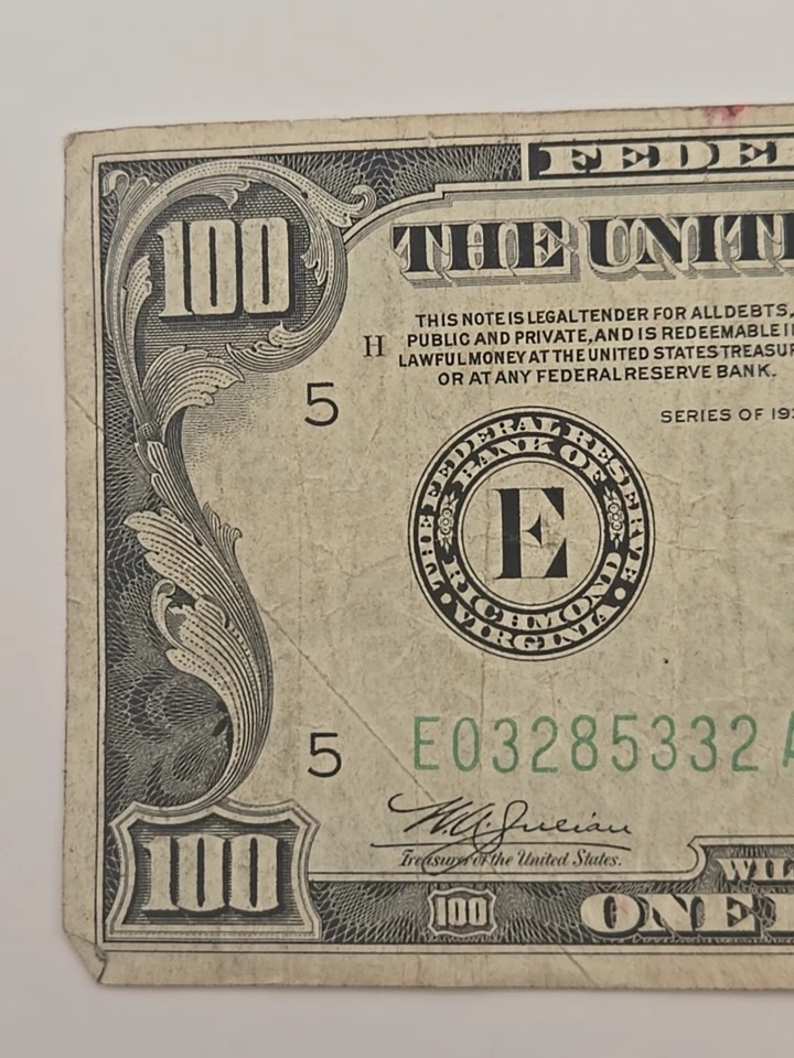 1934 One Hundred $100 Dollar Federal Reserve Note E Richmond, VA - Image 2 of 4