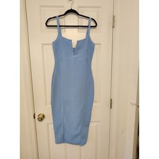 Fashion Nova Misty Bandage Midi Dress Blue Ribbed Bodycon V Neck Size L NWT