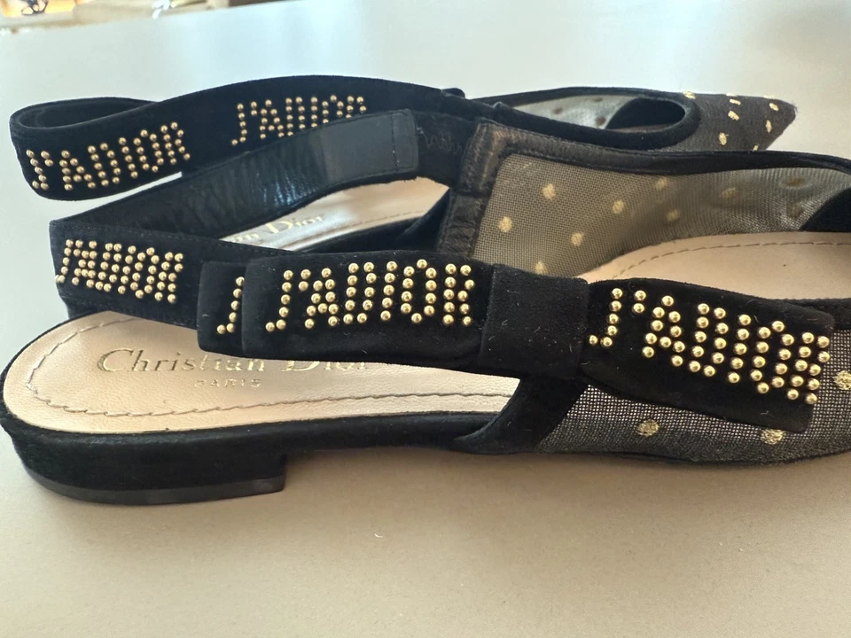 Zapatos para mujer J'Adior Slingback malla plana Pokadot punta puntiaguda negros Foto 3 de 4