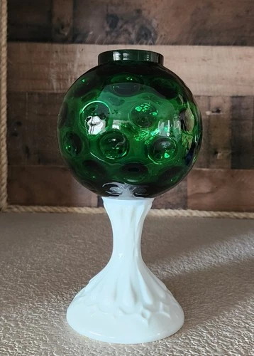 Fenton Green Coin Dot Pedestal Ivy Ball/Bubble Fairy Lamp  9”