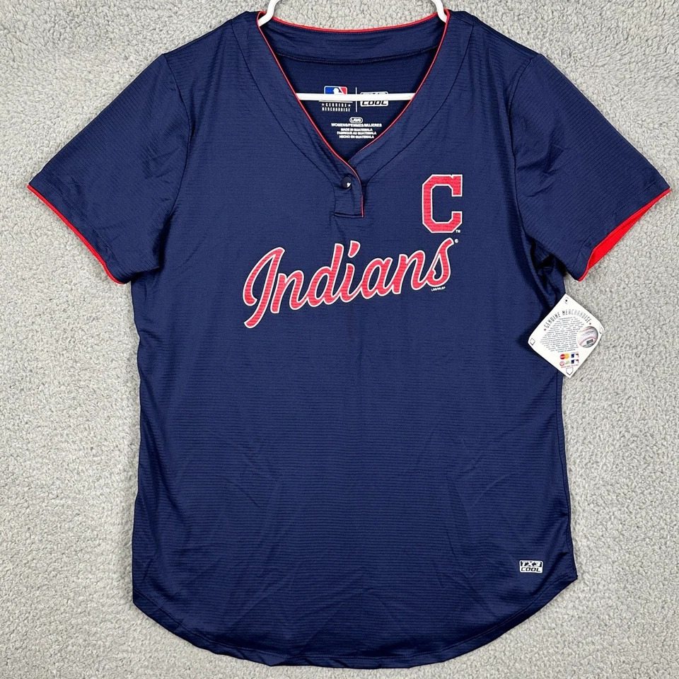 Camiseta de béisbol Cleveland Indians para mujer grande azul cuello en V TX3 genial NUEVA Foto 3 de 4