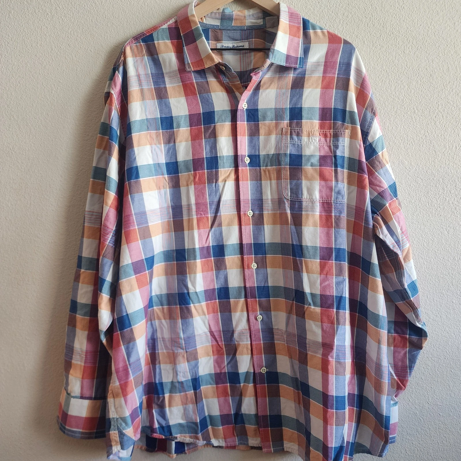 Tommy Bahama Shirt Mens 2XL Multicolor Plaid Button Up Long Sleeve Cotton Tencel