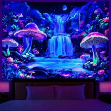 Blacklight Tapestry Fantasy Mushroom Forest Tapestry UV Reactive Waterfall Tapes