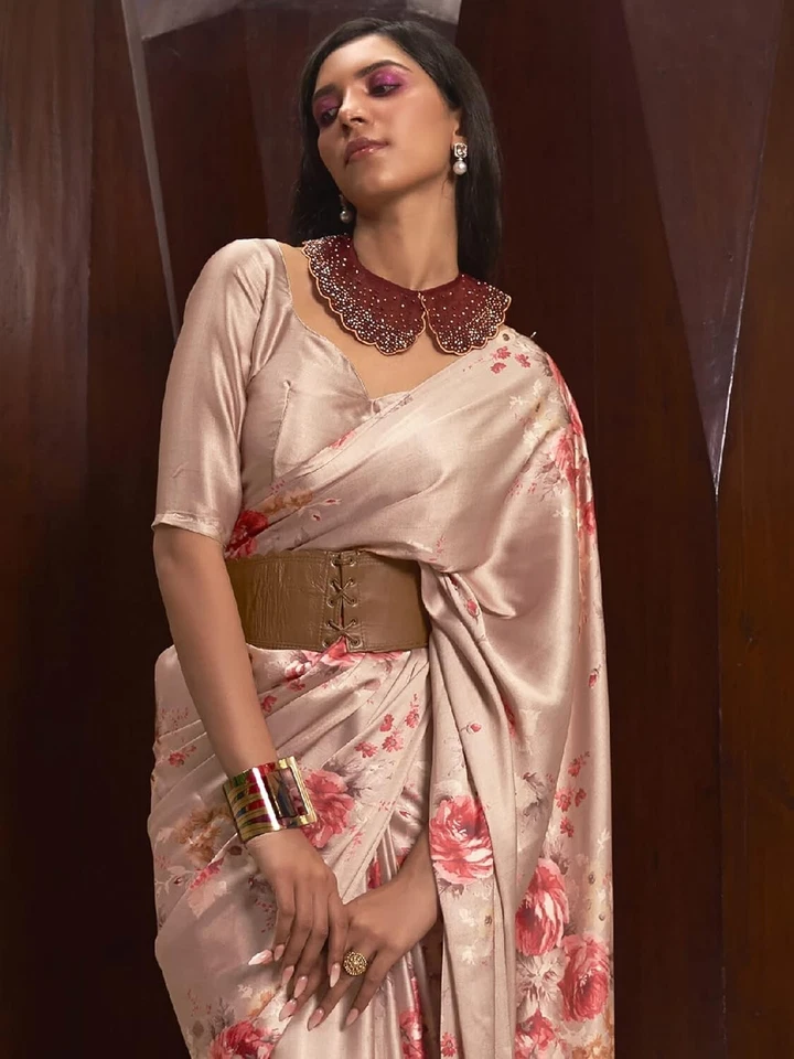 Sari para mujer Banarasi satinado seda estampado floral con pieza blusa sin costuras Foto 2 de 4