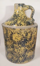 Antique Yellowware Blue Spongeware Shoulder Jug 11 Inch Americana