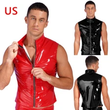 Men's High Neck Front Zipper Tank Tops Shiny Metallic PVC Leather Clubwear