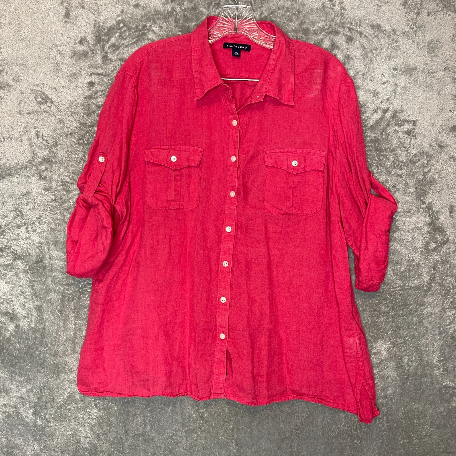 Lands End Womens XL Linen Beach Resort Roll Tab Button Top Tropical Nautical