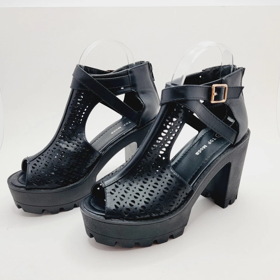 Top Moda Womens Black Platfom Peep Toe Cage Faux Leather Size 7 - Image 3 of 4