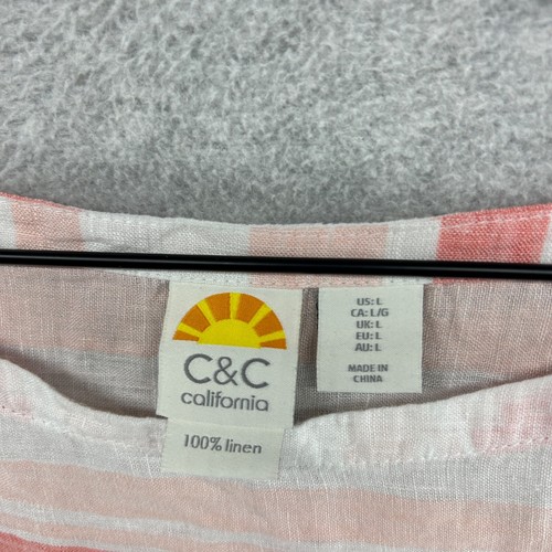 C&C California Blouse Womens Large Pink Striped Short Dolman Sleeve 100% Linen - Picture 5 of 10