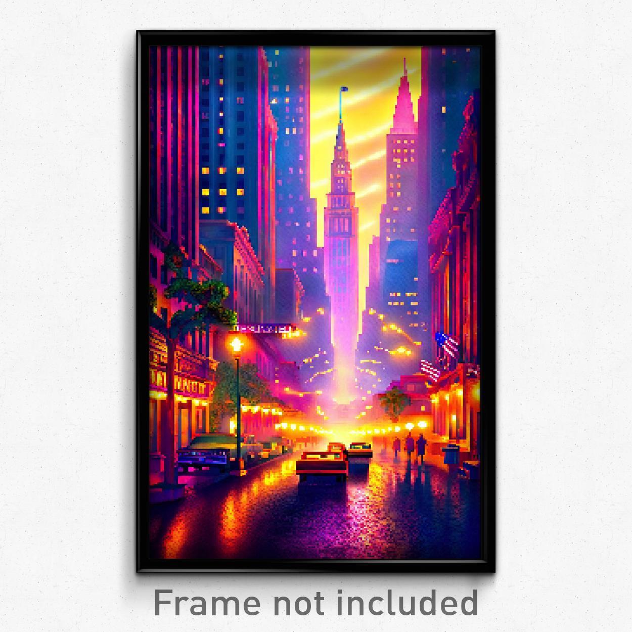 8-Bit Enchanted American City Pixel Art Psychedelic Poster - Video Game Print