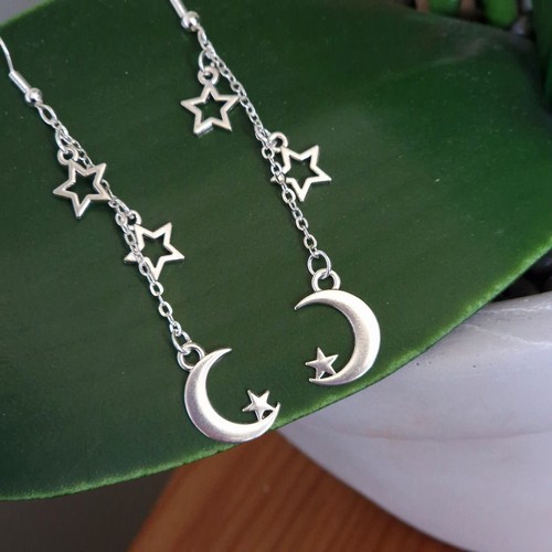 Moon And Stars Antique Silver Dangle Drop Earrings E04 - Picture 2 of 3