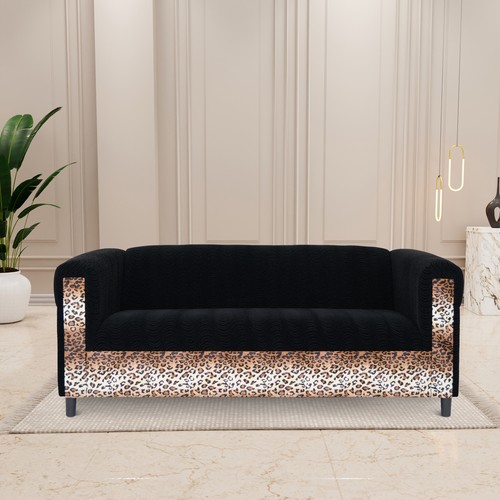 Black Velvet Sofa with Leopard Print, Modern 3-Seater Sofas Couches for Living R