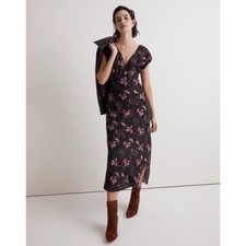 Madewell Women's 14 True Black Wide V-Neck Midi Dress Floral Garden Party K35-11