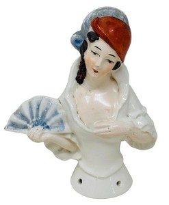 4" ANTIQUE GERMAN HALF DOLL FOR PINCUSHION, MOLD # 4345, RED CLOCHE W/BLUE PLUME